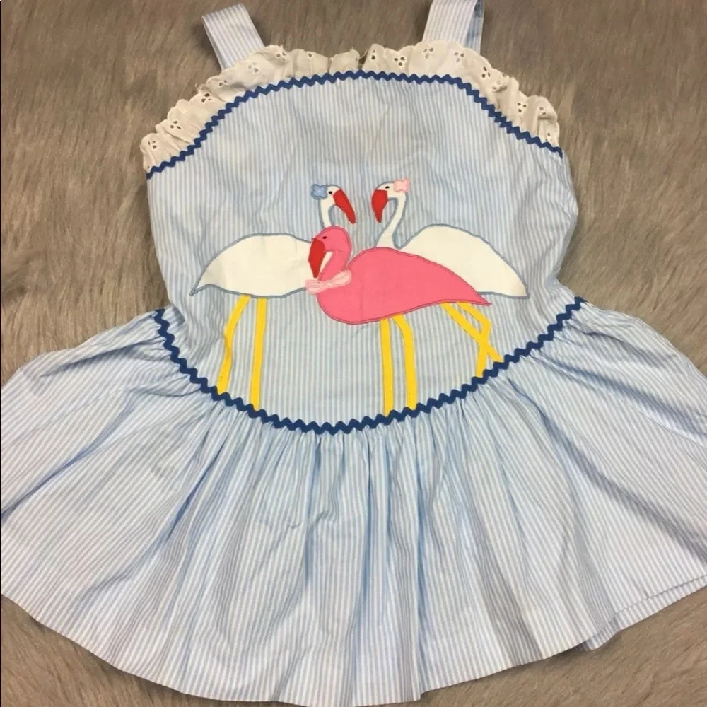 Vintage Alyssa Blue White Striped Flamingo Dress
